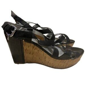 Guess Strappy Black Patent Leather & Cork Platform Wedge Sandals- EUC